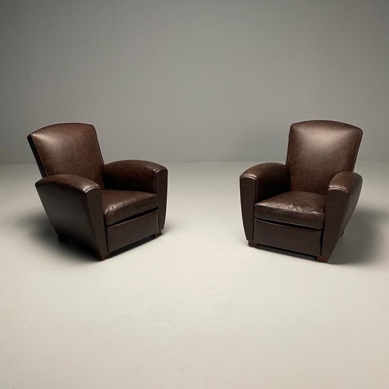 Jacques Adnet Style, French Art Deco Club Chairs, Distressed Leather, Oak, 1930s - 3