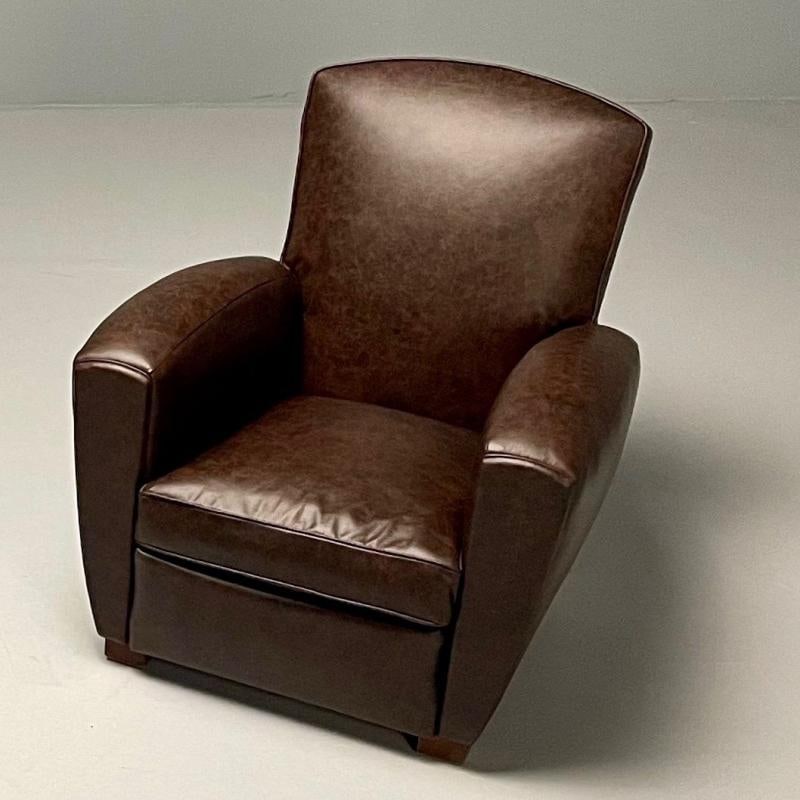Jacques Adnet Style, French Art Deco Club Chairs, Distressed Leather, Oak, 1930s - 4