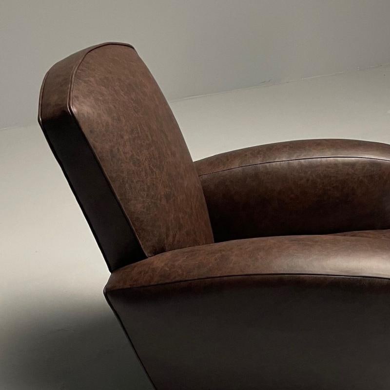 Jacques Adnet Style, French Art Deco Club Chairs, Distressed Leather, Oak, 1930s - 5