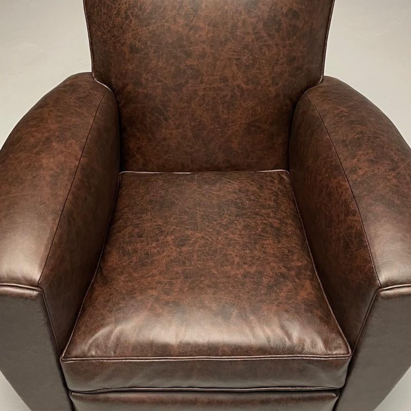 Jacques Adnet Style, French Art Deco Club Chairs, Distressed Leather, Oak, 1930s - 6
