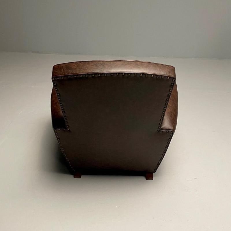 Jacques Adnet Style, French Art Deco Club Chairs, Distressed Leather, Oak, 1930s - 7