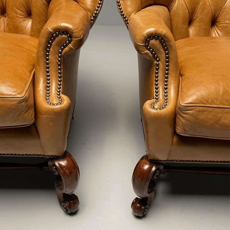 Georgian, Large Tufted Lounge Chairs and Ottomans, Tan Leather, USA, 2000s - 12