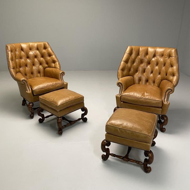 Georgian, Large Tufted Lounge Chairs and Ottomans, Tan Leather, USA, 2000s - 2