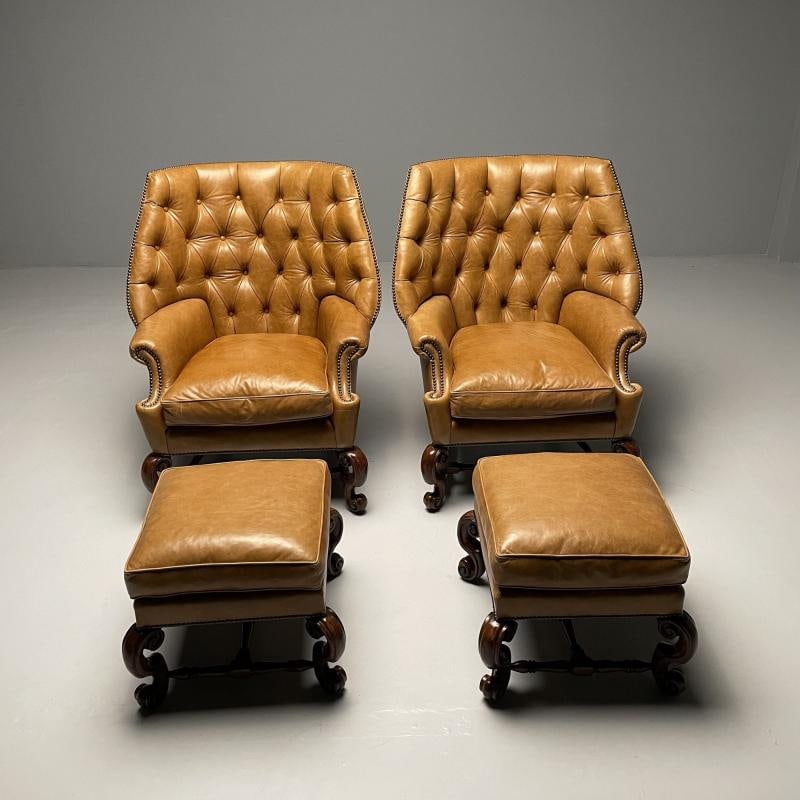 Georgian, Large Tufted Lounge Chairs and Ottomans, Tan Leather, USA, 2000s - 3