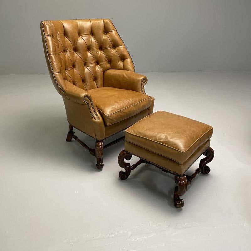 Georgian, Large Tufted Lounge Chairs and Ottomans, Tan Leather, USA, 2000s - 5
