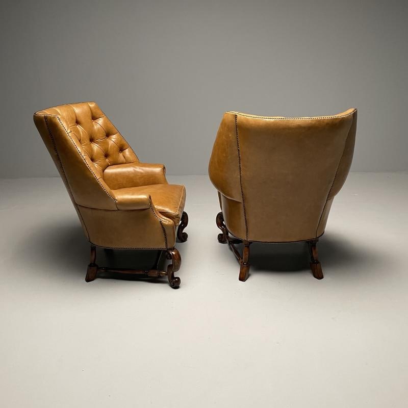 Georgian, Large Tufted Lounge Chairs and Ottomans, Tan Leather, USA, 2000s - 7