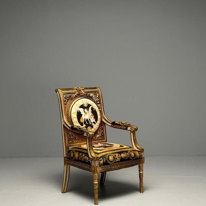 Louis XVI, French Arm Chair, Versace Fabric, Giltwood, France, 1960s - 10