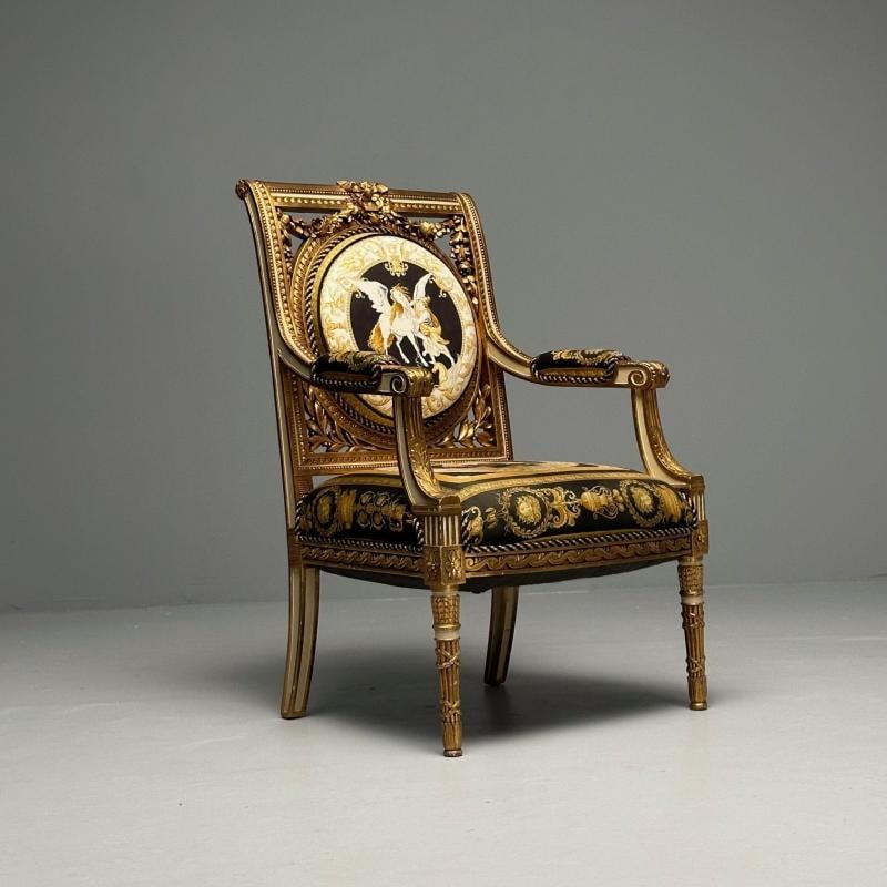 Louis XVI, French Arm Chair, Versace Fabric, Giltwood, France, 1960s - 4