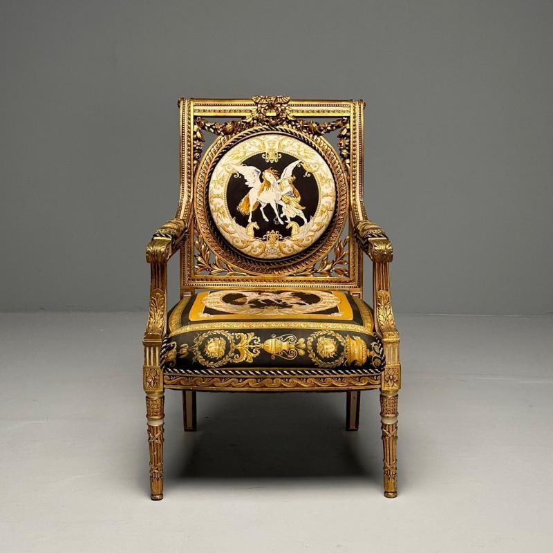 Louis XVI, French Arm Chair, Versace Fabric, Giltwood, France, 1960s - 5