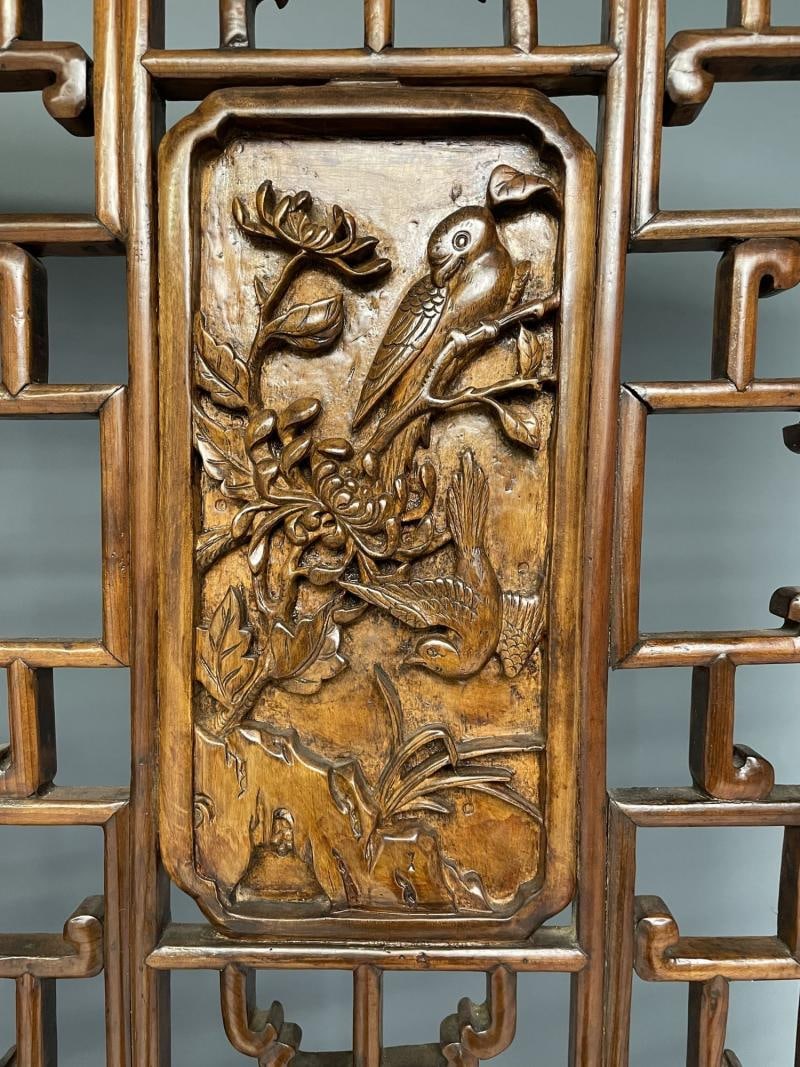 Asian 19th Century Folding Screen / Room Divider, Rosewood, Teak, Six Panel - 12