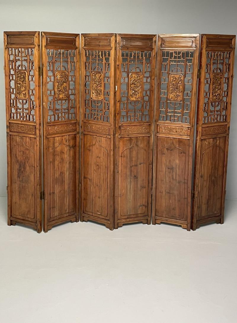Asian 19th Century Folding Screen / Room Divider, Rosewood, Teak, Six Panel - 3