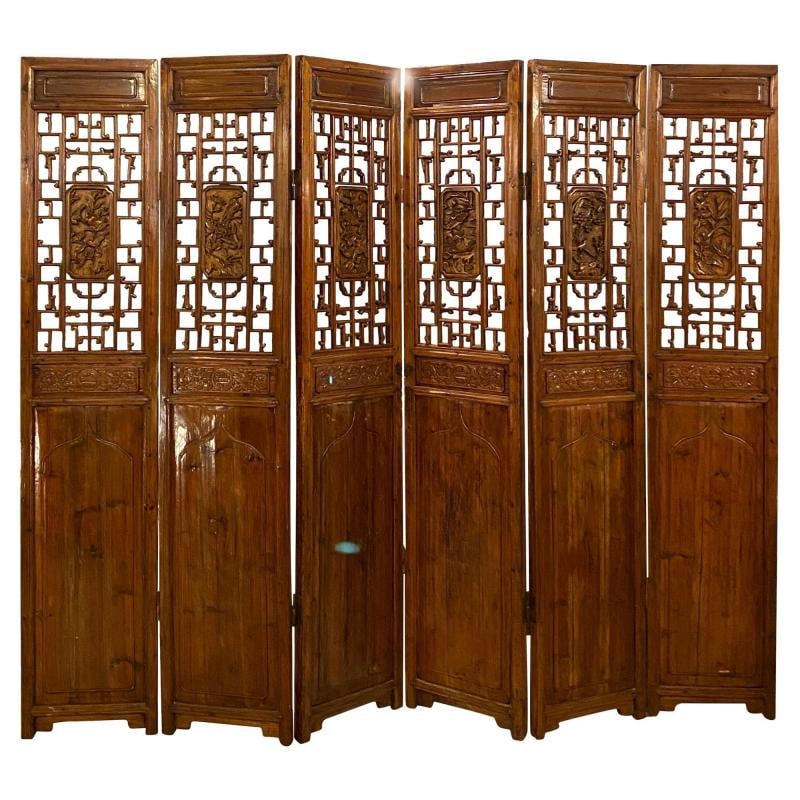 Asian 19th Century Folding Screen / Room Divider, Rosewood, Teak, Six Panel - 4