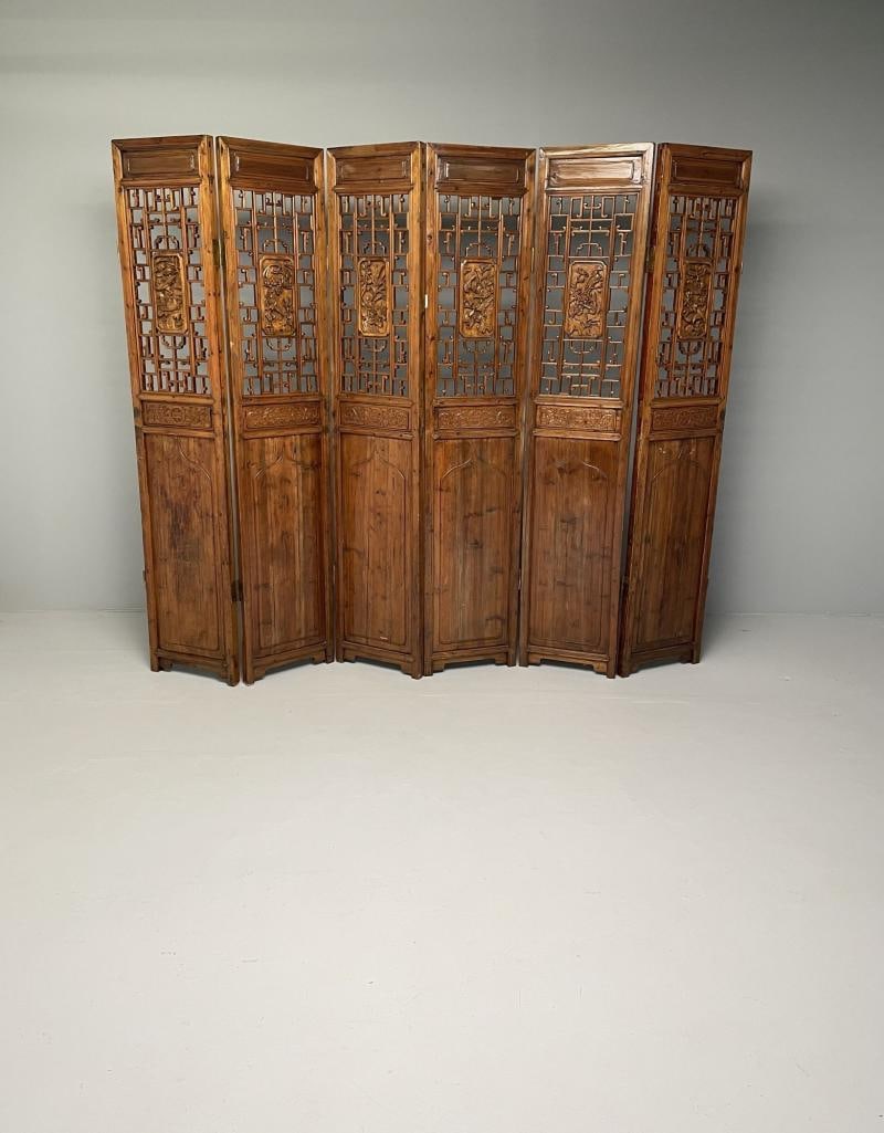 Asian 19th Century Folding Screen / Room Divider, Rosewood, Teak, Six Panel - 6