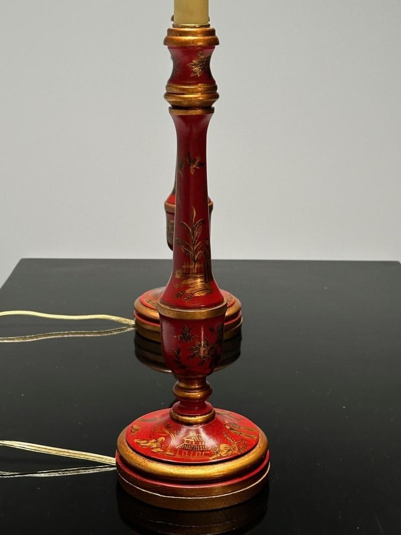 Chinoiserie, Table, Desk Lamps, Red Jappanned Wood, Giltwood, 1940s - 12
