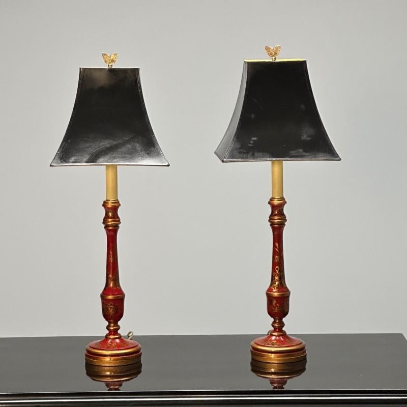 Chinoiserie, Table, Desk Lamps, Red Jappanned Wood, Giltwood, 1940s - 2