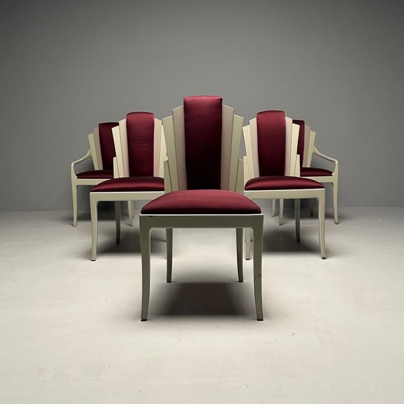 Vladimir Kagan Mid-Century Modern, Six Eva Dining Chairs, Lacquer, Maroon Fabric - 2