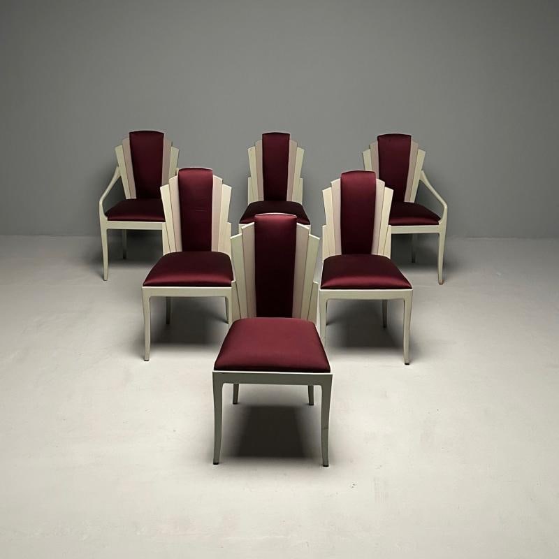 Vladimir Kagan Mid-Century Modern, Six Eva Dining Chairs, Lacquer, Maroon Fabric - 3