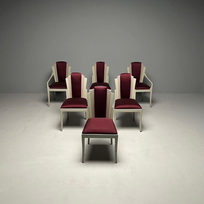 Vladimir Kagan Mid-Century Modern, Six Eva Dining Chairs, Lacquer, Maroon Fabric - 4