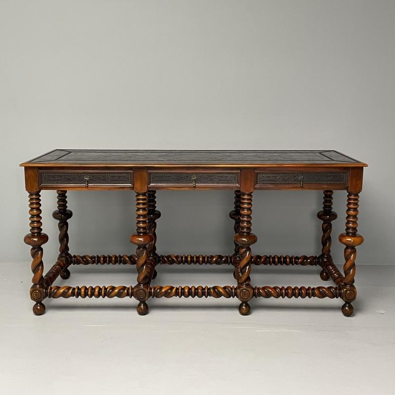 Baroque, Barley Twist Console, Turned Wood, Gray Etched Metal, USA, 2000s - 2