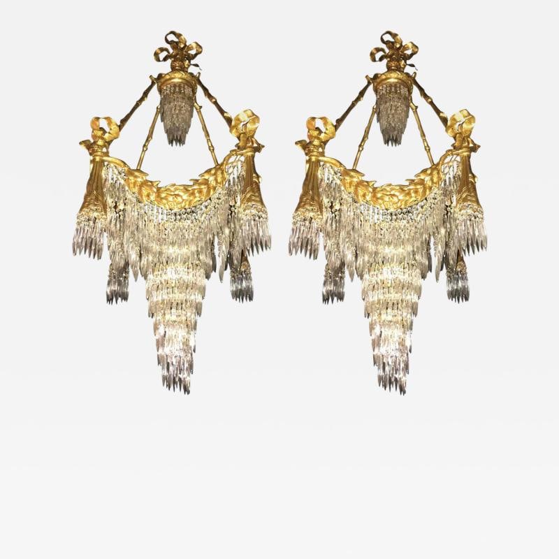 Pair of Bronze Louis XVI Style Crystal Ribbon and Tassle Drapery Chandeliers (1 of 9)