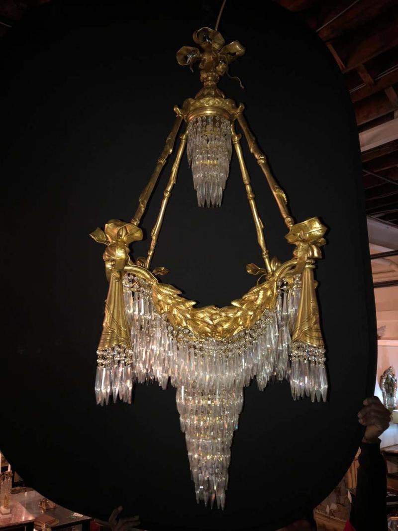 Pair of Bronze Louis XVI Style Crystal Ribbon and Tassle Drapery Chandeliers - 4