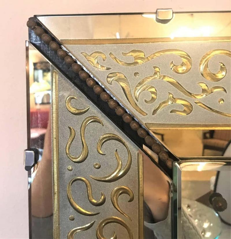 Hollywood Regency Etched Frosted Glass Framed Bevelled Wall or Console Mirror - 4