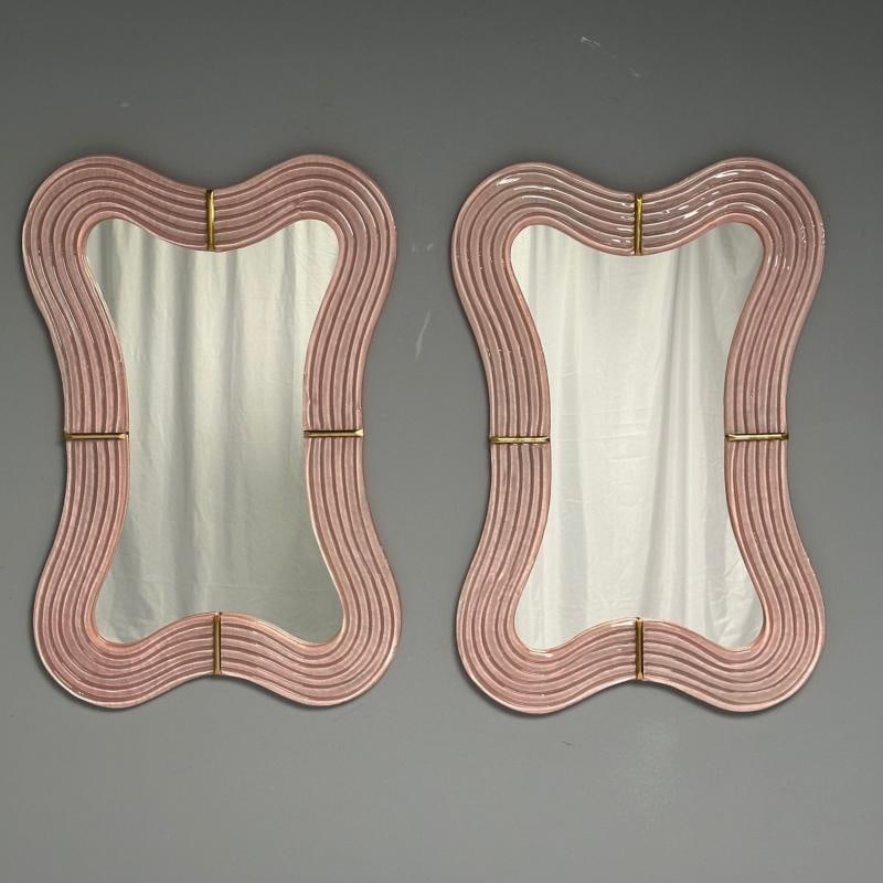 Contemporary, Pink Murano Glass, Brass, Modern Wavy Wall Mirrors, Italy, 21st C. - 2
