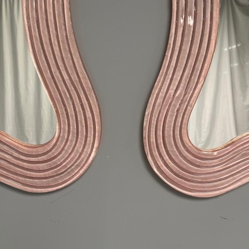Contemporary, Pink Murano Glass, Brass, Modern Wavy Wall Mirrors, Italy, 21st C. - 6