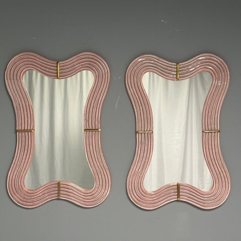 Contemporary, Pink Murano Glass, Brass, Modern Wavy Wall Mirrors, Italy, 21st C. - 9
