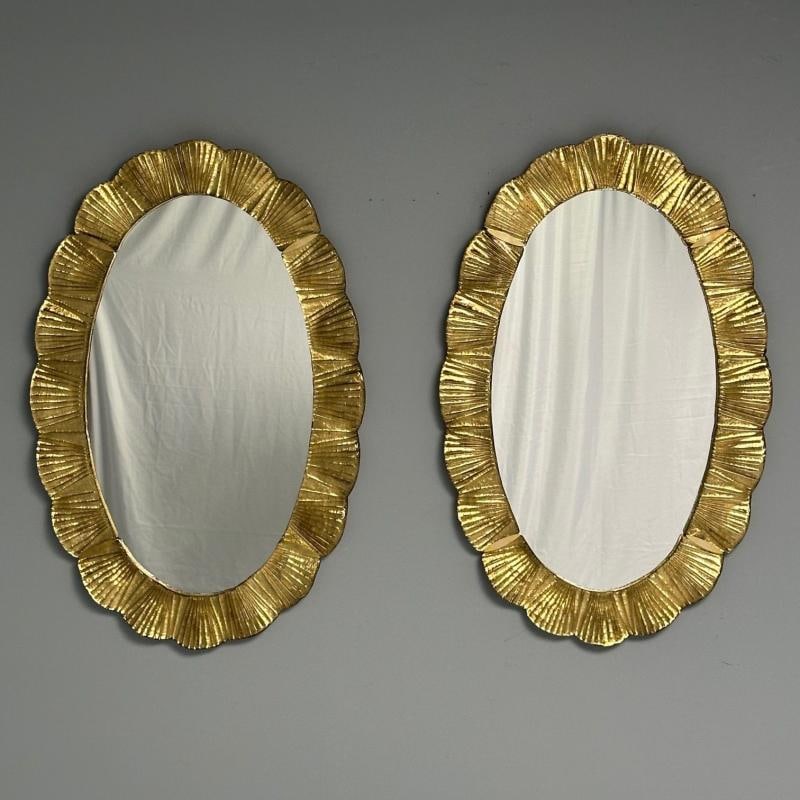 Contemporary, Oval Wall Mirrors, Scallop Motif, Murano Glass, Gilt Gold, Italy - 2