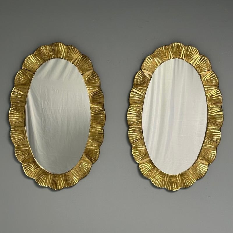 Contemporary, Oval Wall Mirrors, Scallop Motif, Murano Glass, Gilt Gold, Italy - 3