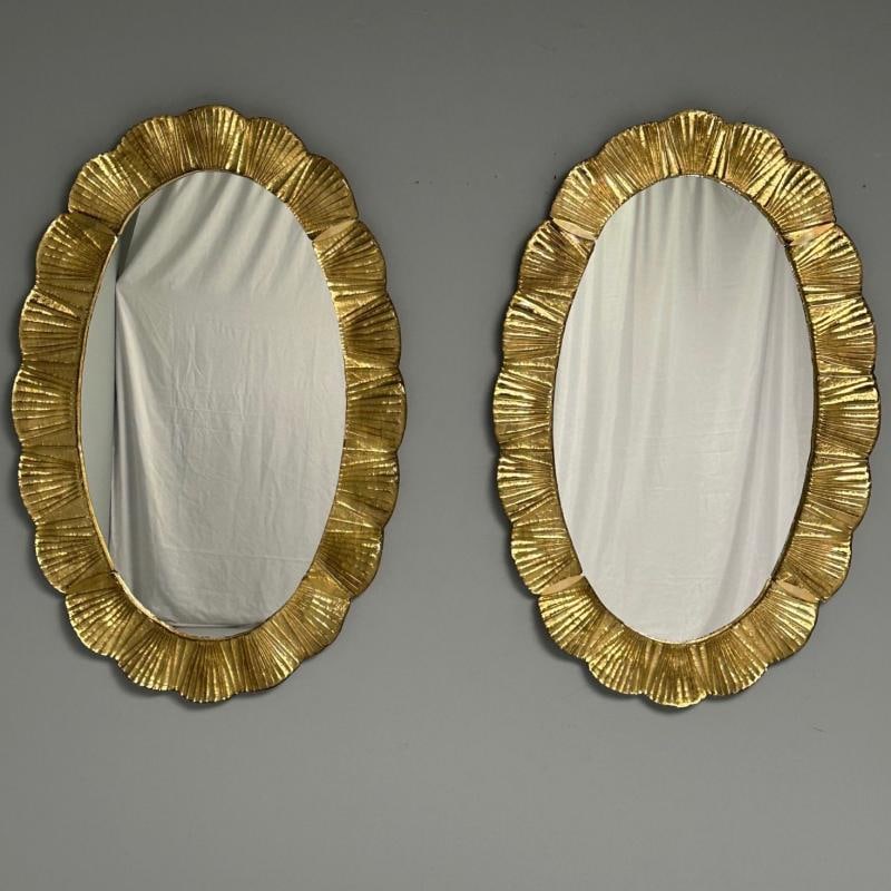 Contemporary, Oval Wall Mirrors, Scallop Motif, Murano Glass, Gilt Gold, Italy - 5