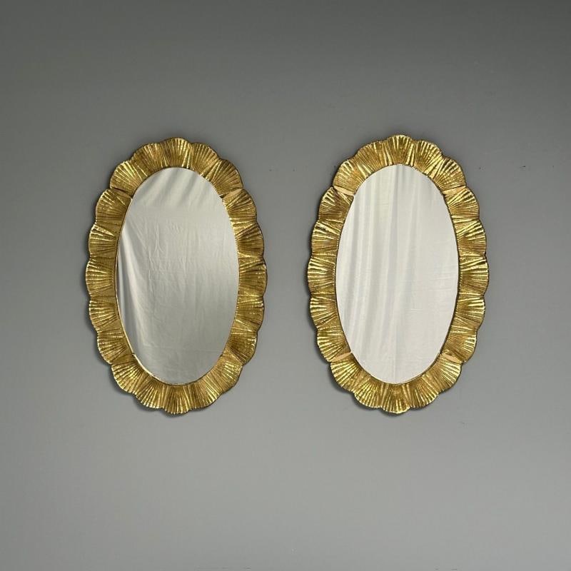 Contemporary, Oval Wall Mirrors, Scallop Motif, Murano Glass, Gilt Gold, Italy - 6
