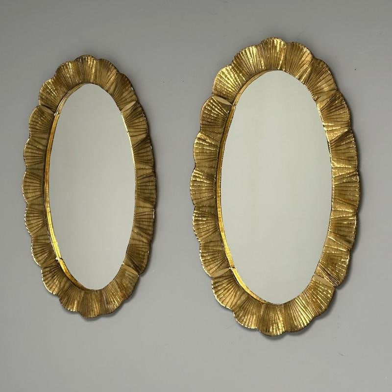 Contemporary, Oval Wall Mirrors, Scallop Motif, Murano Glass, Gilt Gold, Italy - 7