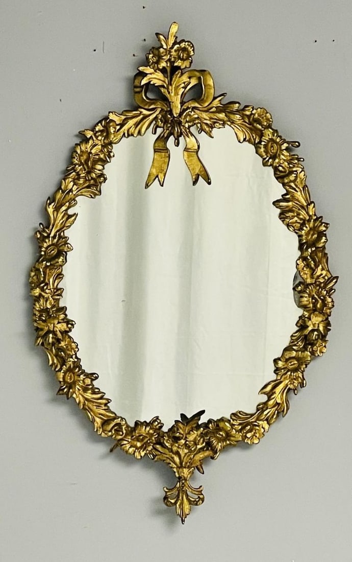 Louis XVI, Oval Wall Mirrors, Floral Motif, Bronze, Carved Wood, France, 19th C - 4