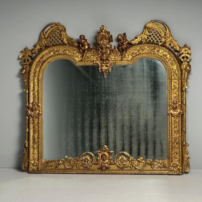 Italian Renaissance Style Over the Mantle / Wall Mirror, Oil Gilded, Monumental - 2