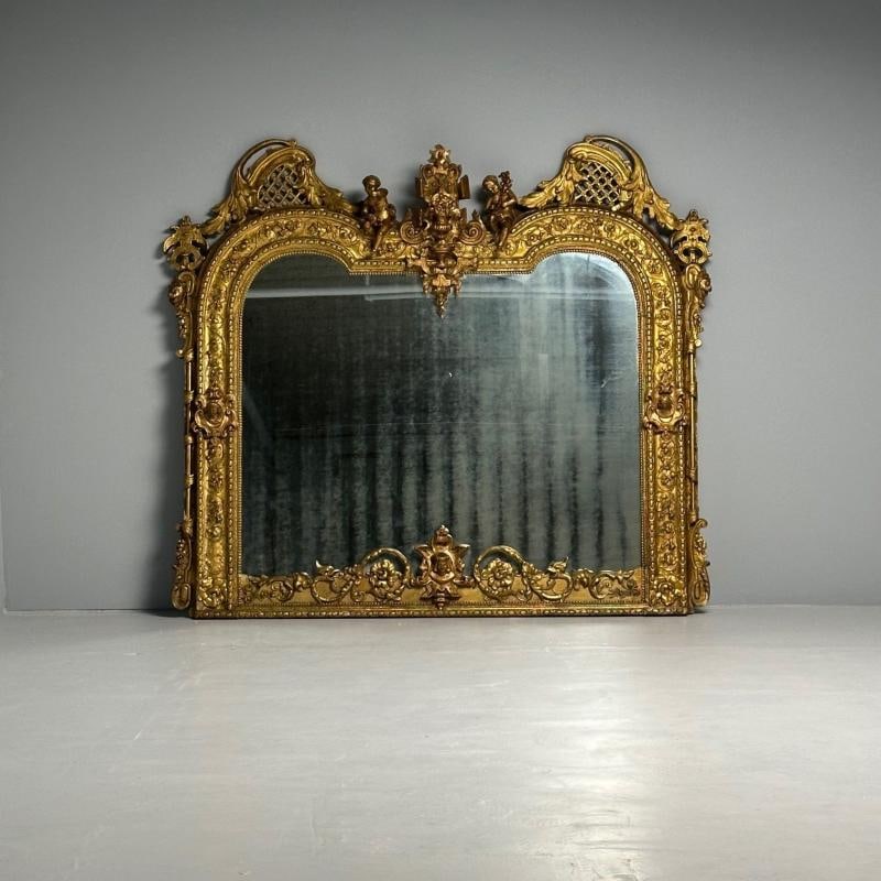 Italian Renaissance Style Over the Mantle / Wall Mirror, Oil Gilded, Monumental - 7