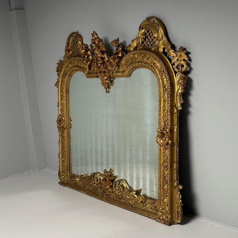 Italian Renaissance Style Over the Mantle / Wall Mirror, Oil Gilded, Monumental - 8