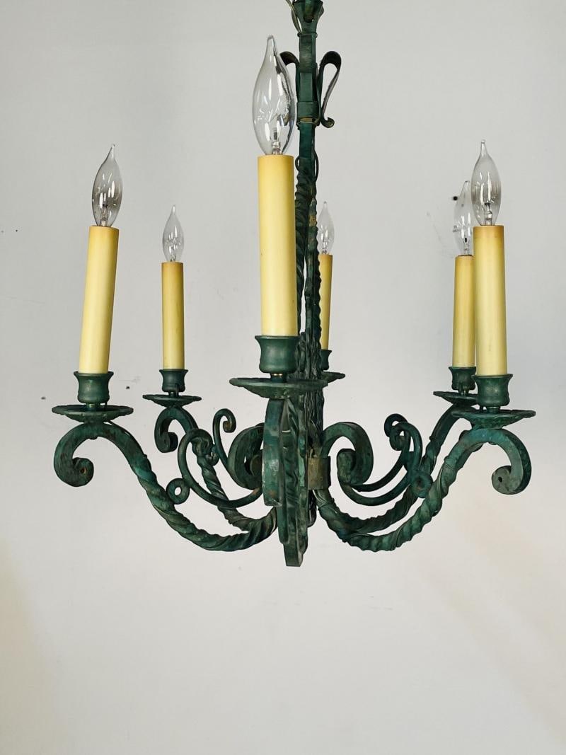 Wrought Iron Industrial Green Painted Chandelier, Circa 1930s - 10