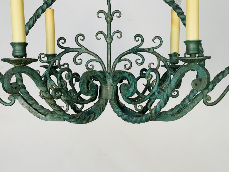 Wrought Iron Industrial Green Painted Chandelier, Circa 1930s - 11