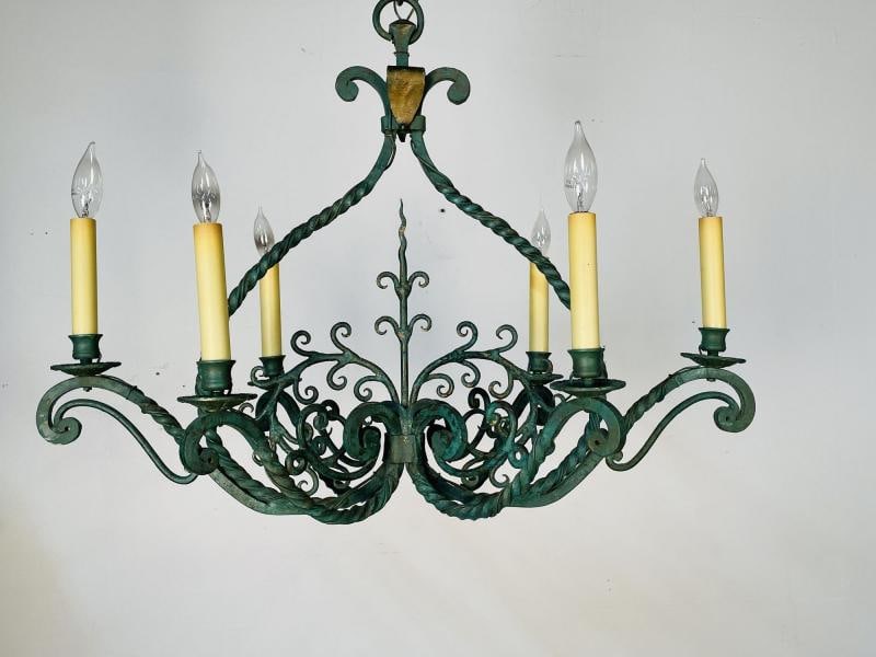 Wrought Iron Industrial Green Painted Chandelier, Circa 1930s - 3