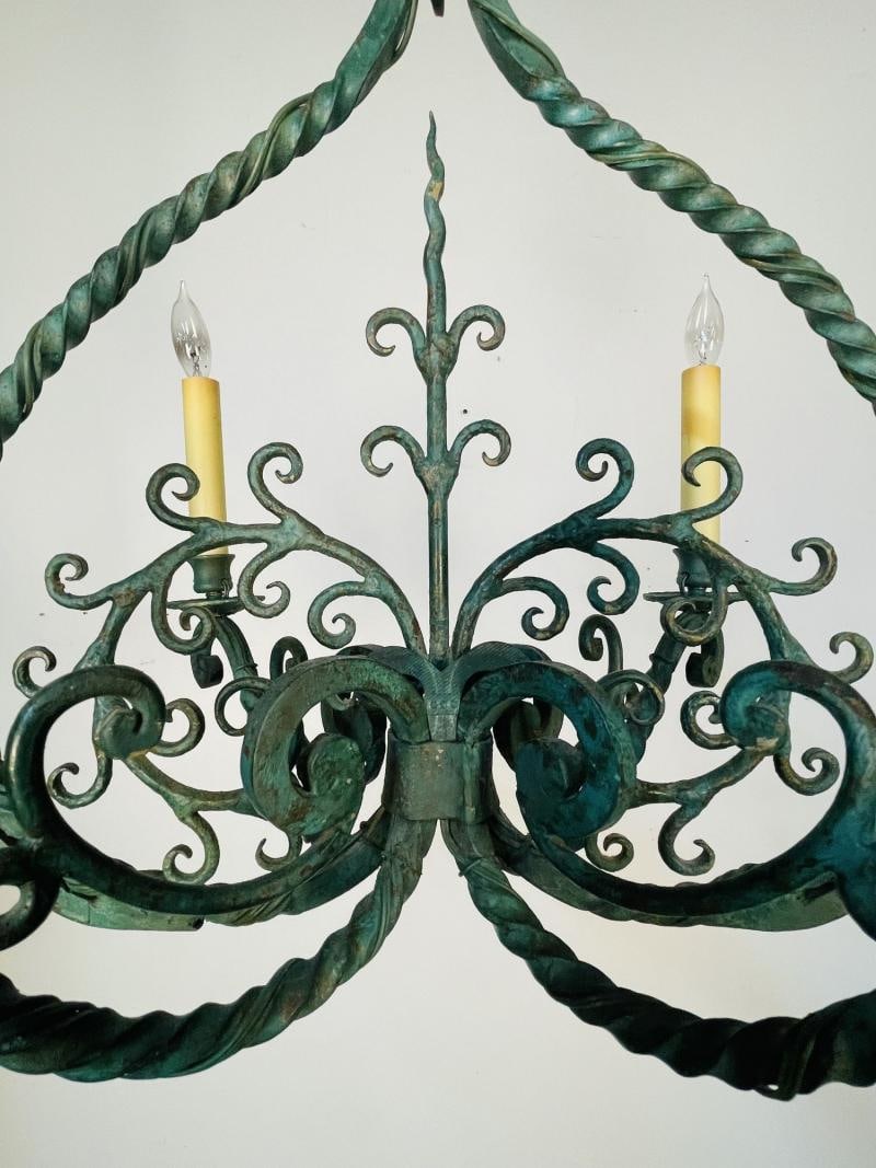 Wrought Iron Industrial Green Painted Chandelier, Circa 1930s - 4