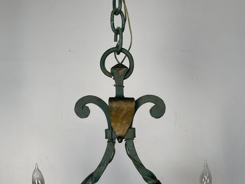 Wrought Iron Industrial Green Painted Chandelier, Circa 1930s - 7