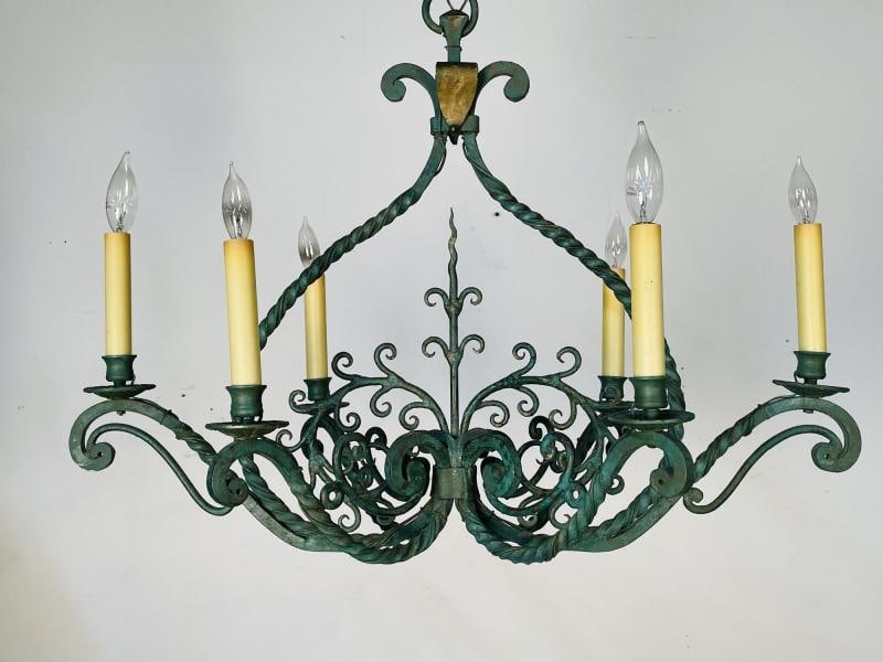 Wrought Iron Industrial Green Painted Chandelier, Circa 1930s - 8