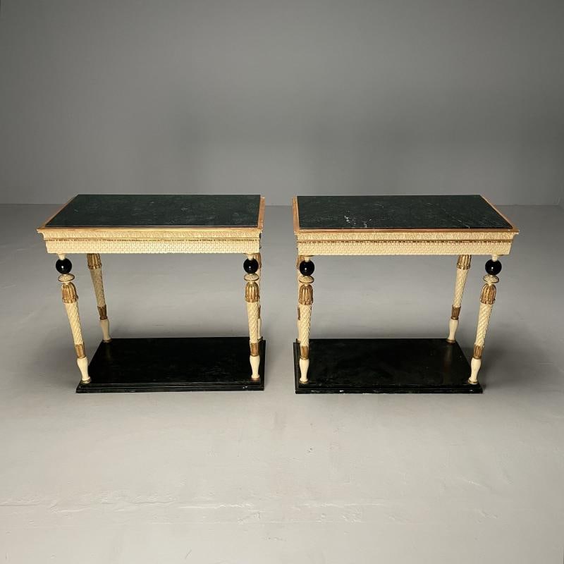 Pair of Swedish Neoclassical Maison Jansen Marble-Top Console Tables, French - 2