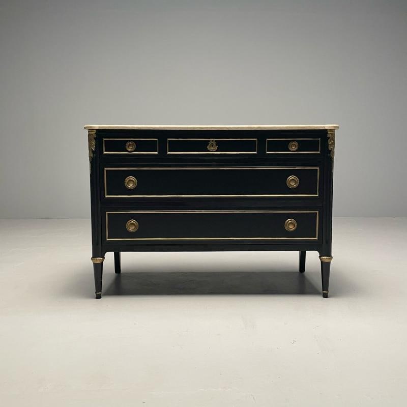 Hollywood Regency Maison Jansen Stamped Ebony Chest / Commode, Marble Top - 3