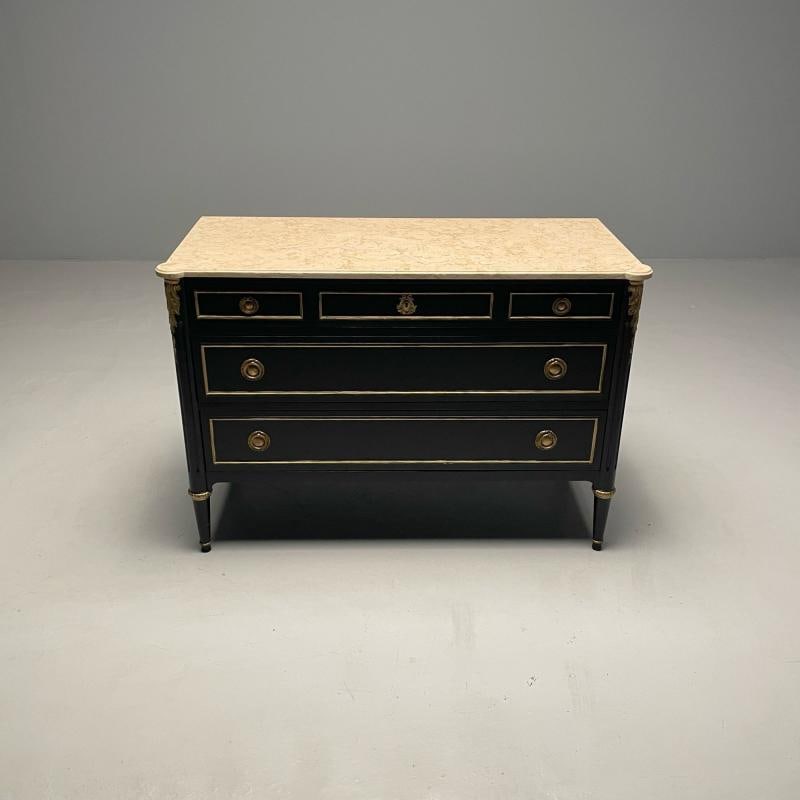 Hollywood Regency Maison Jansen Stamped Ebony Chest / Commode, Marble Top - 4