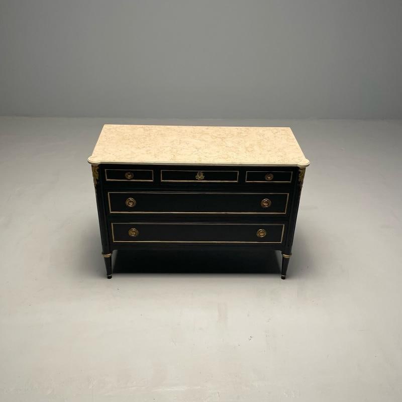 Hollywood Regency Maison Jansen Stamped Ebony Chest / Commode, Marble Top - 5