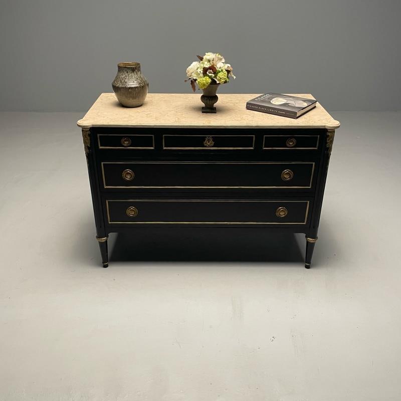 Hollywood Regency Maison Jansen Stamped Ebony Chest / Commode, Marble Top - 7