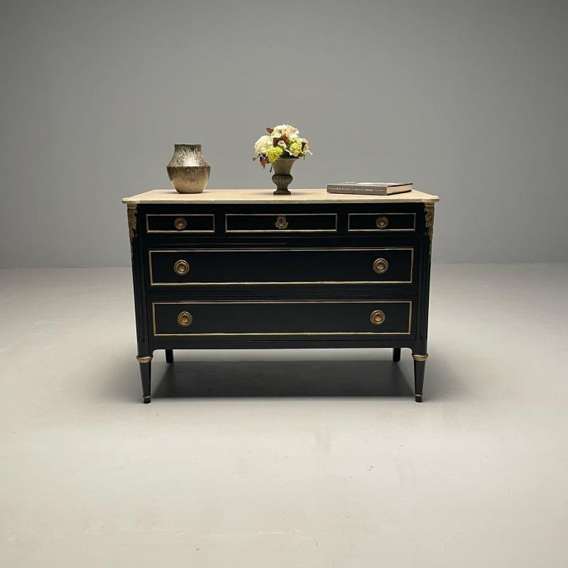 Hollywood Regency Maison Jansen Stamped Ebony Chest / Commode, Marble Top - 8